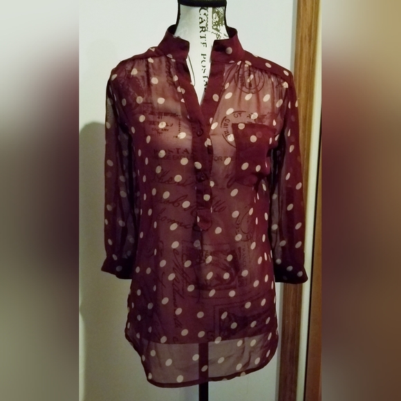 A'GACI Burgundy Cream Polka Dot Sheer 3/4 Sleeve Tunic Button Blouse Medium - Picture 1 of 7